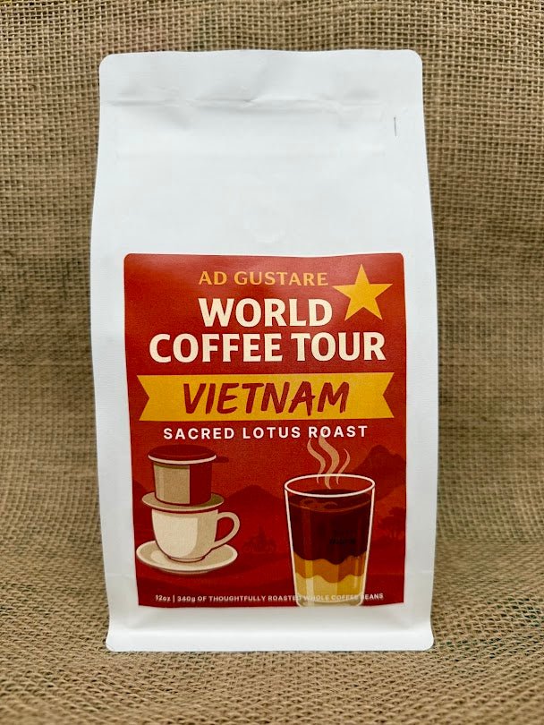 White coffee bag labeled ‘Ad Gustare World Coffee Tour – Vietnam Sacred Lotus Roast,’ featuring illustrated Vietnamese phin coffee and iced coffee on a burlap background.
